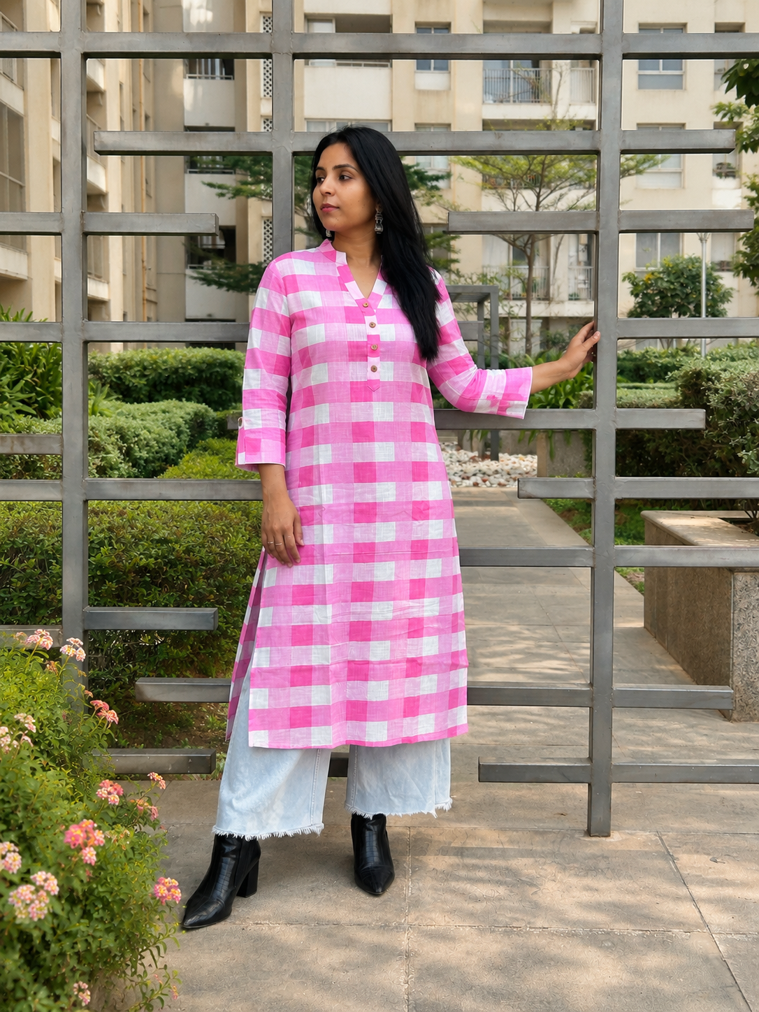 Rosé Checks Pure Cotton Kurta