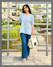 Load image into Gallery viewer, Sky Blue Hand Block Printed V Neck Short Top For Women