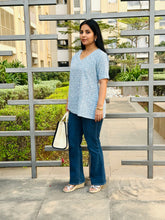 Load image into Gallery viewer, Sky Blue Hand Block Printed V Neck Short Top For Women