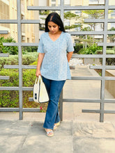 Load image into Gallery viewer, Sky Blue Hand Block Printed V Neck Short Top For Women