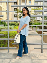 Load image into Gallery viewer, Sky Blue Hand Block Printed V Neck Short Top For Women