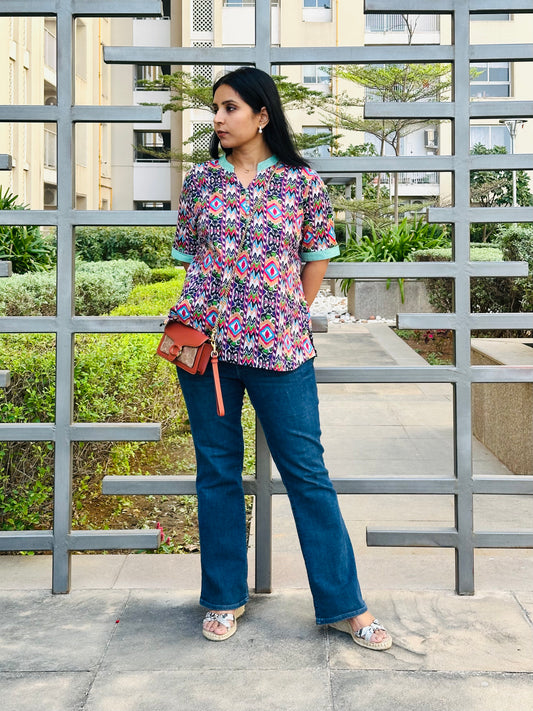 Green Cotton Princess Cut Short Top For Women