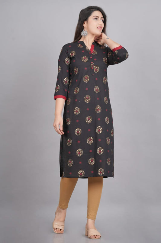 Black Gold Cotton Printed Kurti For Women