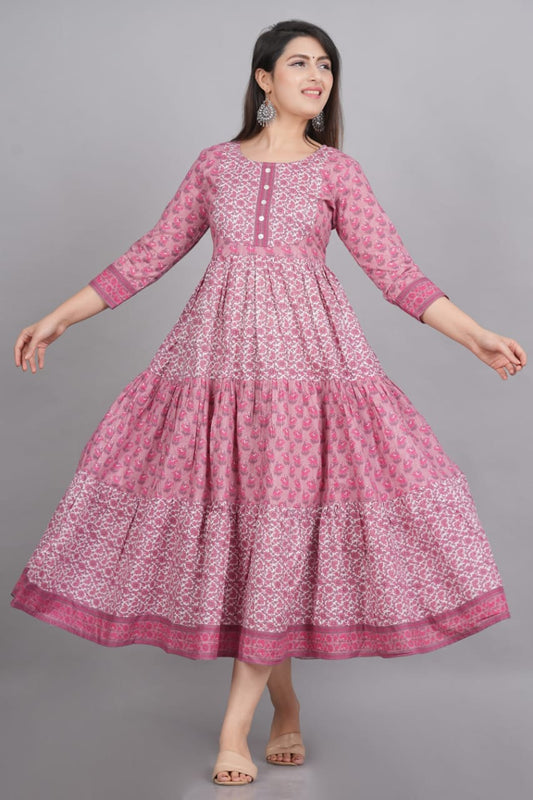 Dark Pink Cotton Floral Printed Flared One Piece For Women