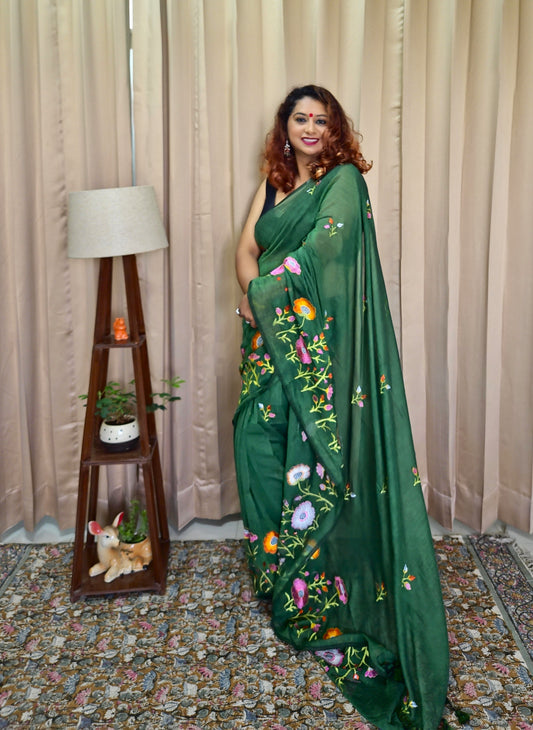 Bottle Green Mul Cotton Embroidery Saree For Women