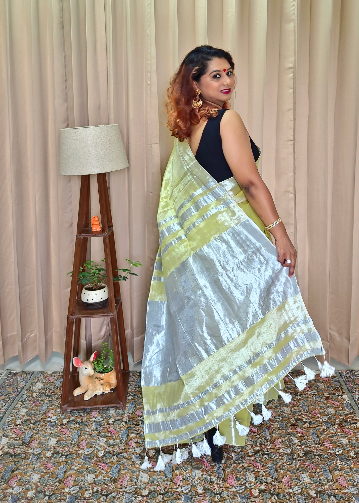 Pista Green & Silver Tissue Skirt Border Saree For Women