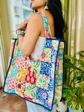 Load image into Gallery viewer, Multicolor Hand Block Printed Quilted Patch Work Round Handle Tote Bag For Women