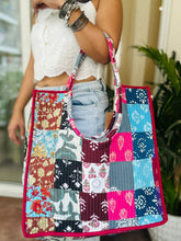 Load image into Gallery viewer, Multicolor Hand Block Printed Quilted Patch Work Round Handle Tote Bag For Women