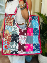 Load image into Gallery viewer, Multicolor Hand Block Printed Quilted Patch Work Round Handle Tote Bag For Women