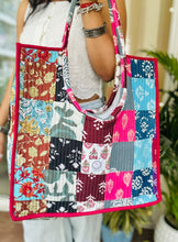Load image into Gallery viewer, Multicolor Hand Block Printed Quilted Patch Work Round Handle Tote Bag For Women