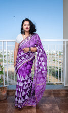 Load image into Gallery viewer, Dark Purple Block Printed Chanderi Saree
