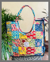Load image into Gallery viewer, Multicolor Hand Block Printed Quilted Patch Work Round Handle Tote Bag For Women
