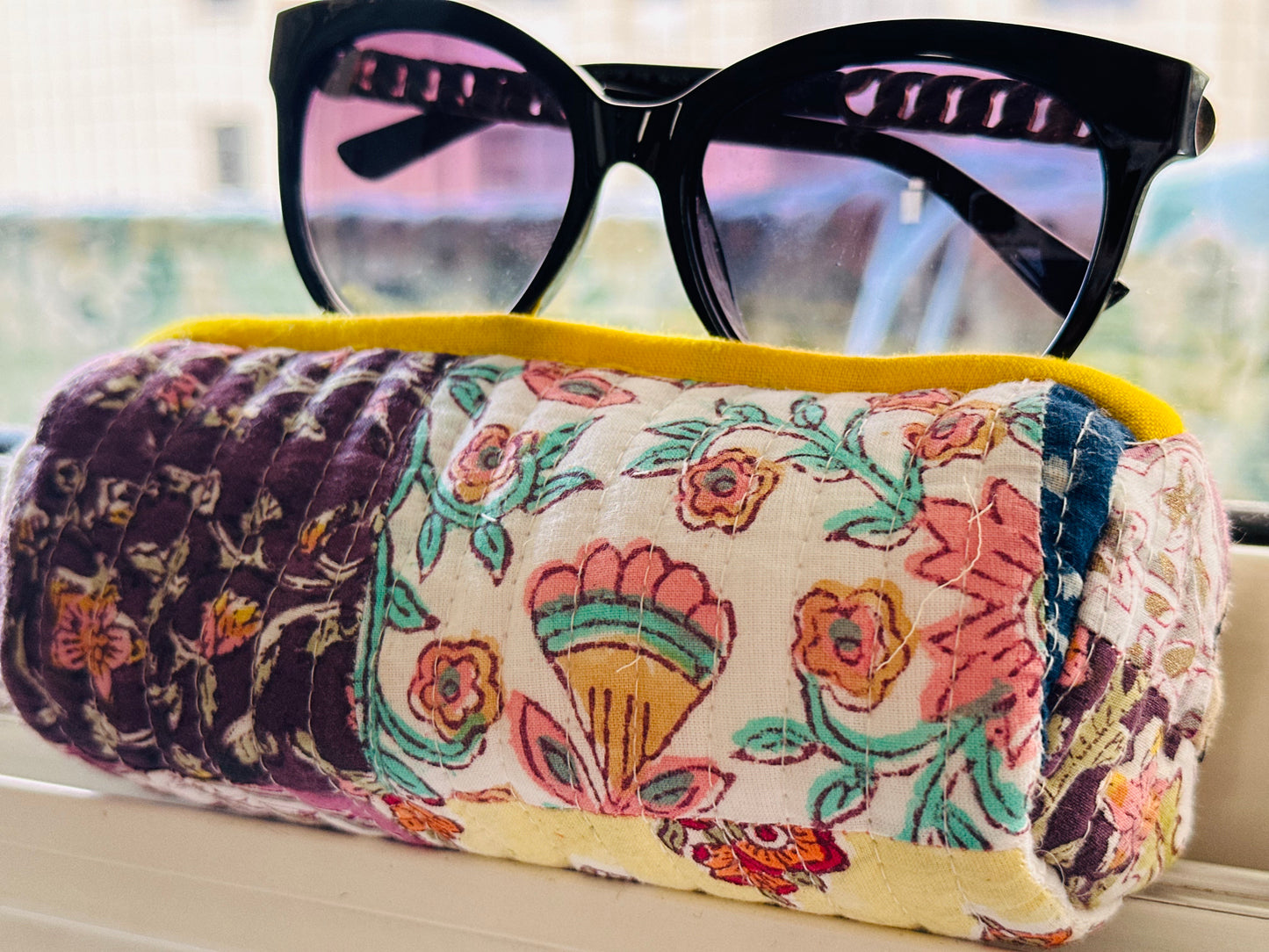 Multicolor Hand Block Printed Quilted Patch Work Sun Glasses Case For Women