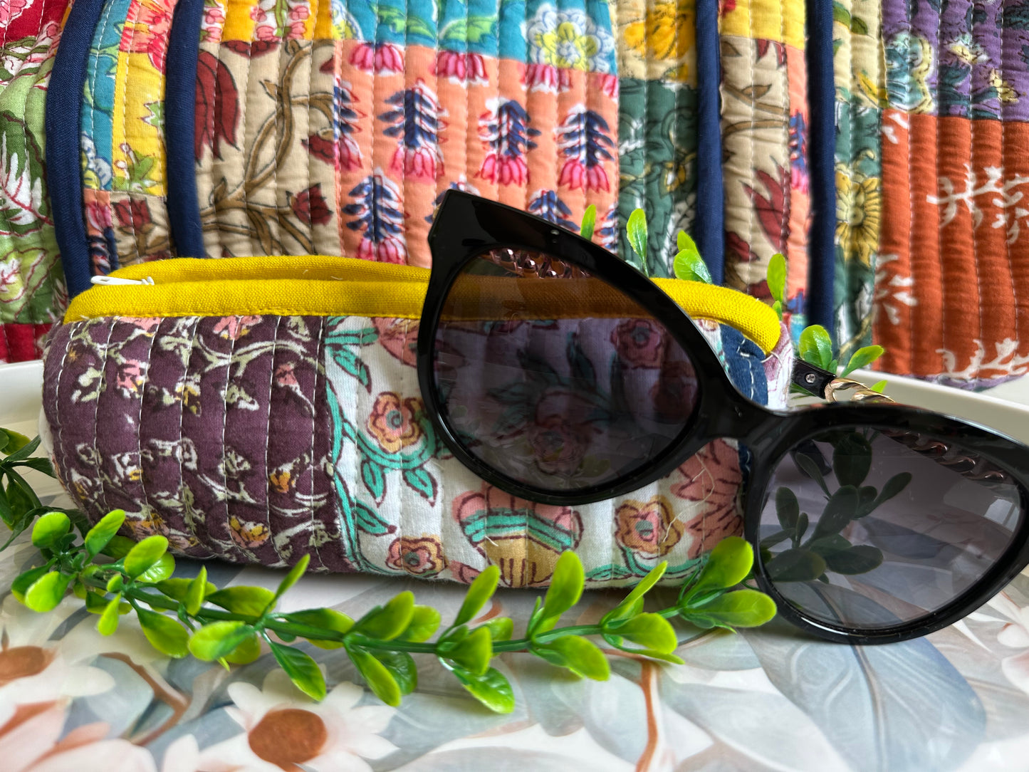 Multicolor Hand Block Printed Quilted Patch Work Sun Glasses Case For Women