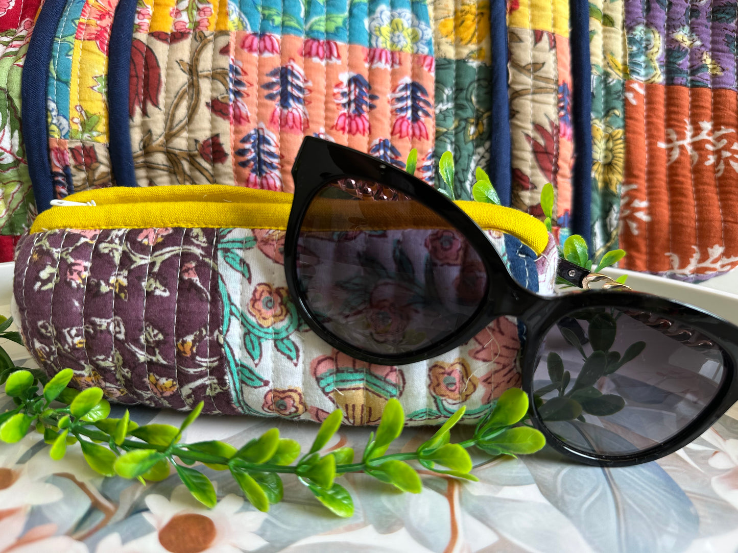 Multicolor Hand Block Printed Quilted Patch Work Sun Glasses Case For Women