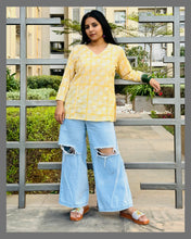 Load image into Gallery viewer, Yellow Hand Block Printed Cotton Princess Cut Short Top For Women
