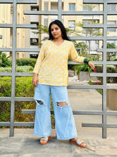 Load image into Gallery viewer, Yellow Hand Block Printed Cotton Princess Cut Short Top For Women
