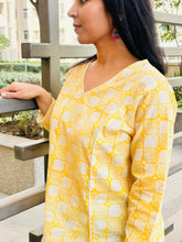 Load image into Gallery viewer, Yellow Hand Block Printed Cotton Princess Cut Short Top For Women
