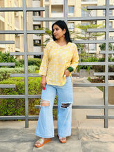 Load image into Gallery viewer, Yellow Hand Block Printed Cotton Princess Cut Short Top For Women
