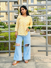 Load image into Gallery viewer, Yellow Hand Block Printed Cotton Princess Cut Short Top For Women
