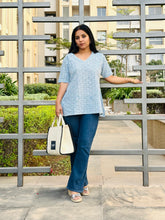 Load image into Gallery viewer, Sky Blue Hand Block Printed V Neck Short Top For Women
