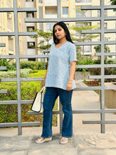 Load image into Gallery viewer, Sky Blue Hand Block Printed V Neck Short Top For Women
