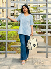 Load image into Gallery viewer, Sky Blue Hand Block Printed V Neck Short Top For Women
