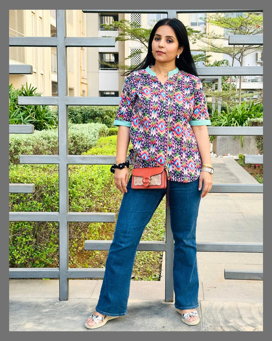 Green Cotton Princess Cut Short Top For Women