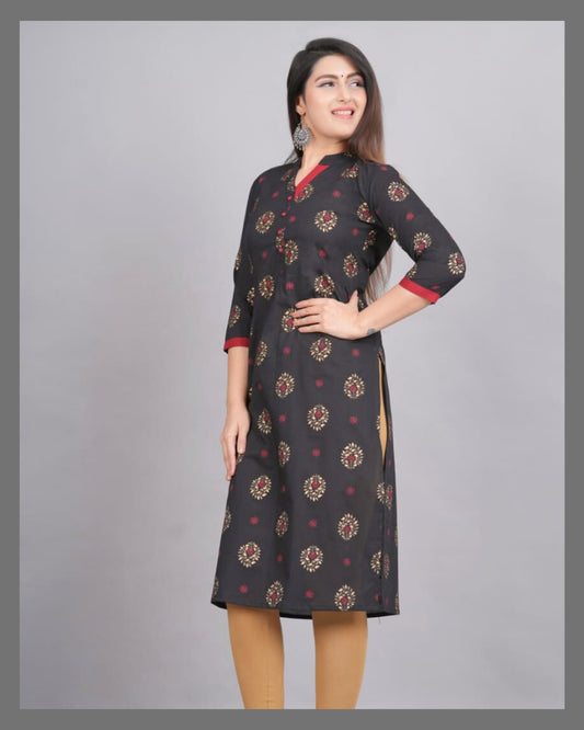 Black Gold Cotton Printed Kurti For Women