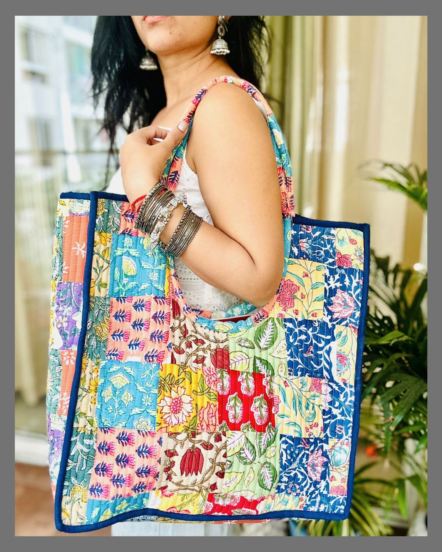 Multicolor Hand Block Printed Quilted Patch Work Tote Bag With Zip & Side Pocket For Women