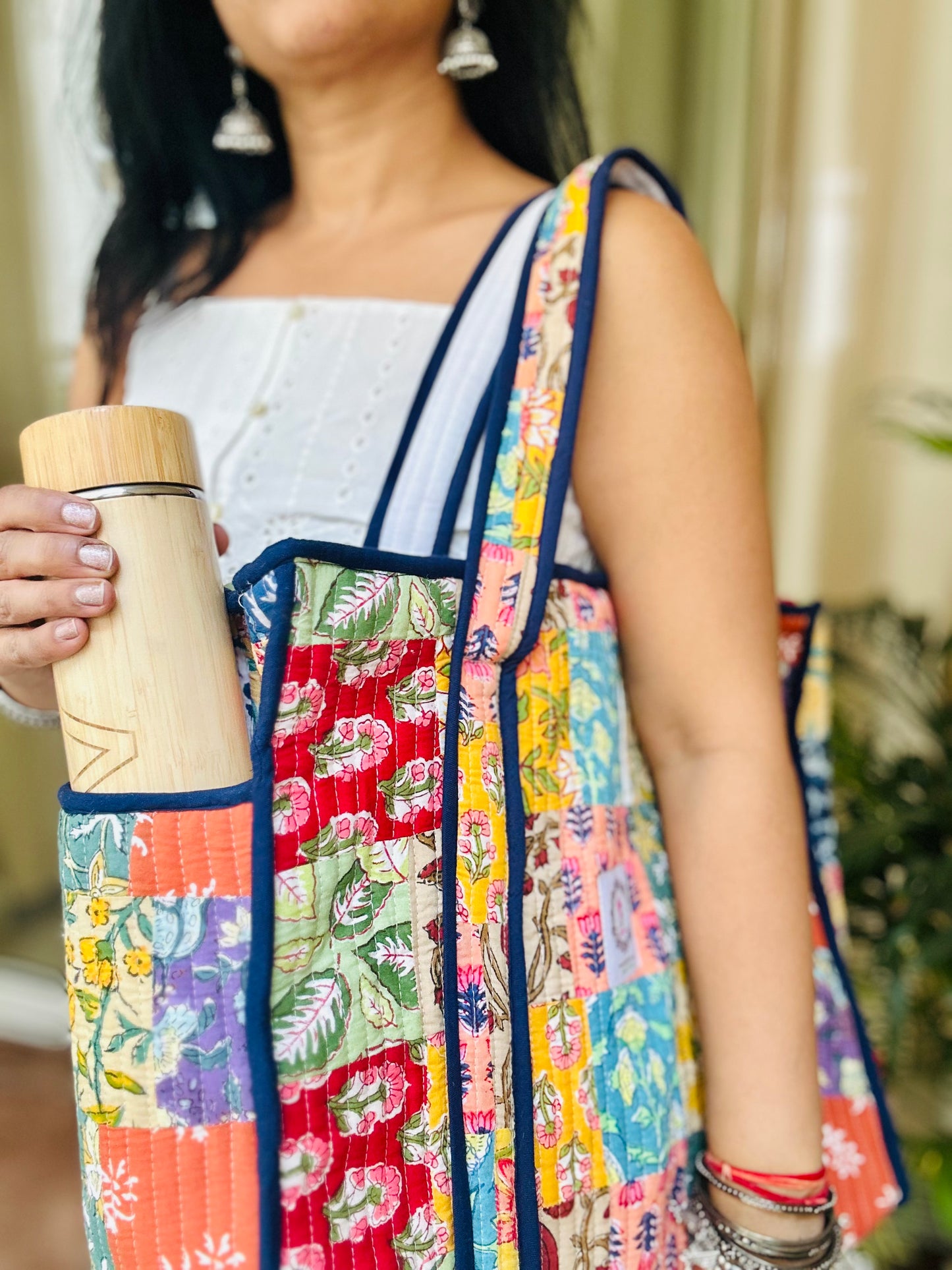 Multicolor Hand Block Printed Quilted Patch Work Tote Bag With Zip & Side Pocket For Women