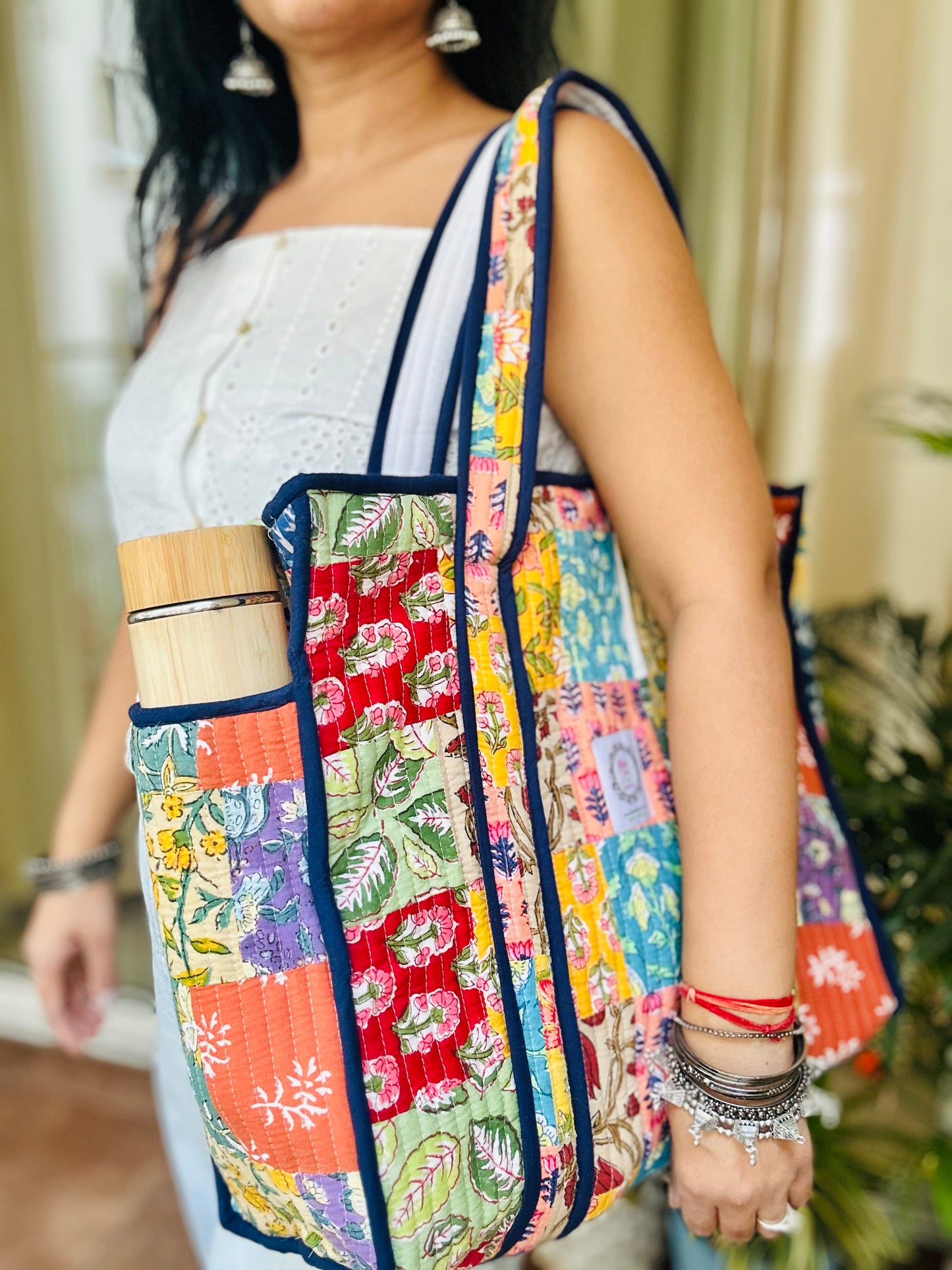 Multicolor Hand Block Printed Quilted Patch Work Tote Bag With Zip & Side Pocket For Women