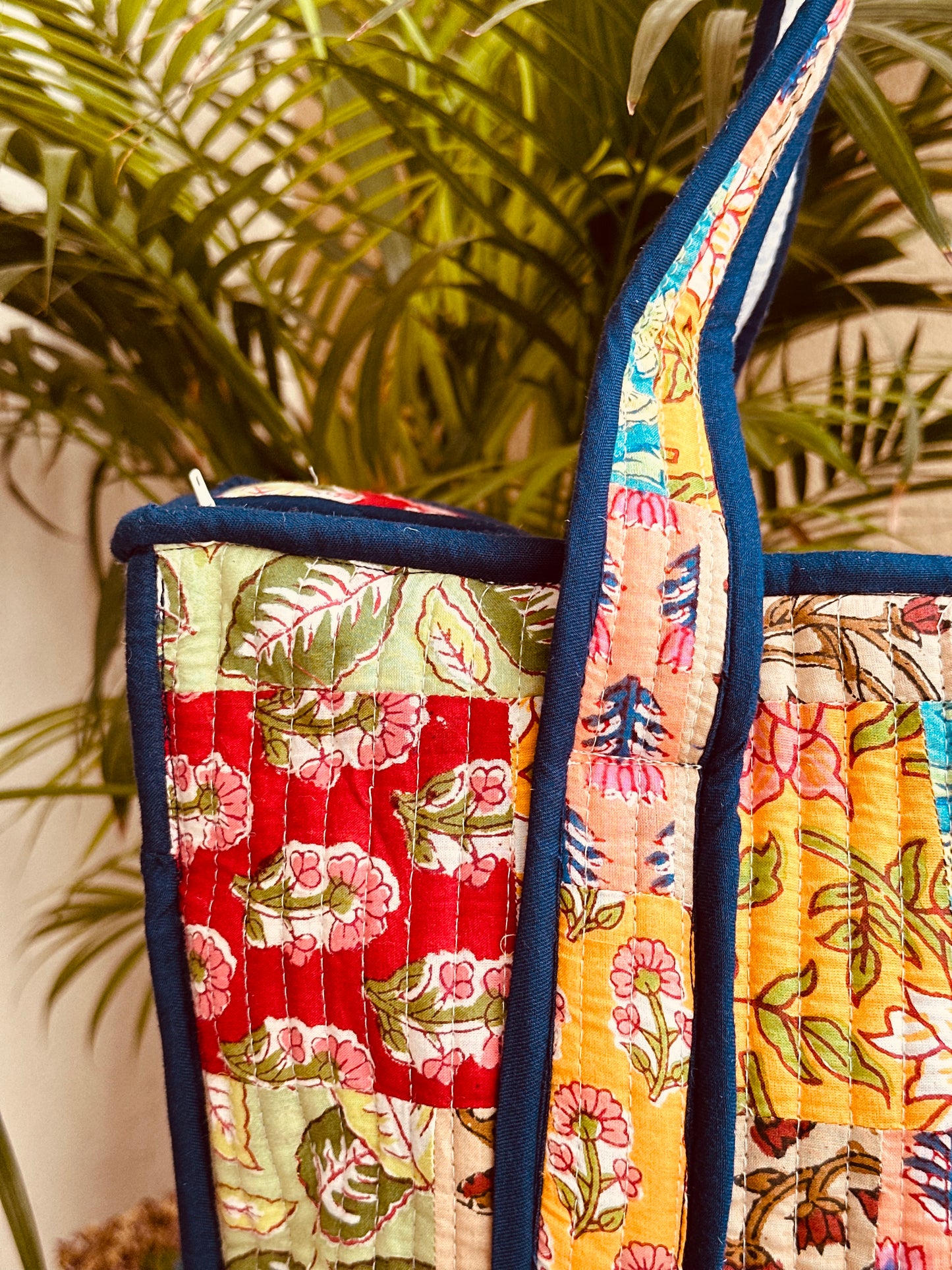 Multicolor Hand Block Printed Quilted Patch Work Tote Bag With Zip & Side Pocket For Women