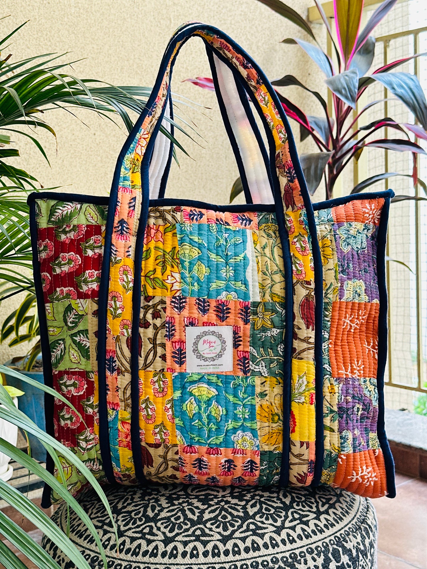 Multicolor Hand Block Printed Quilted Patch Work Tote Bag With Zip & Side Pocket For Women