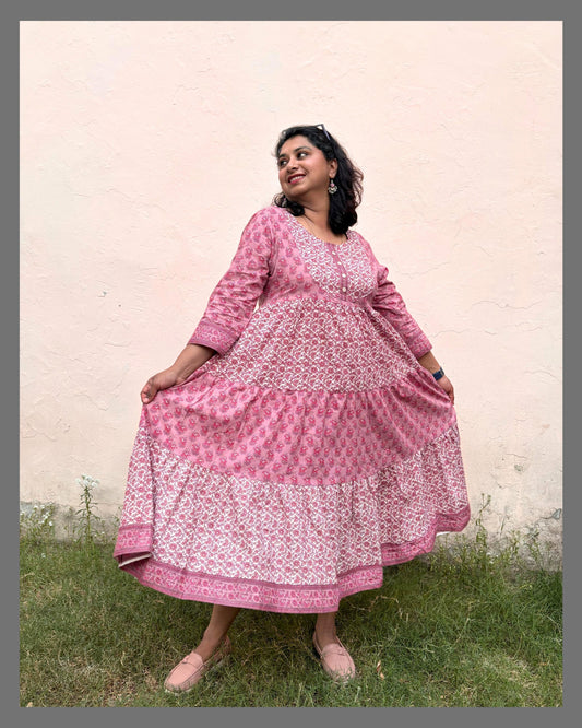 Dark Pink Cotton Floral Printed Flared One Piece For Women