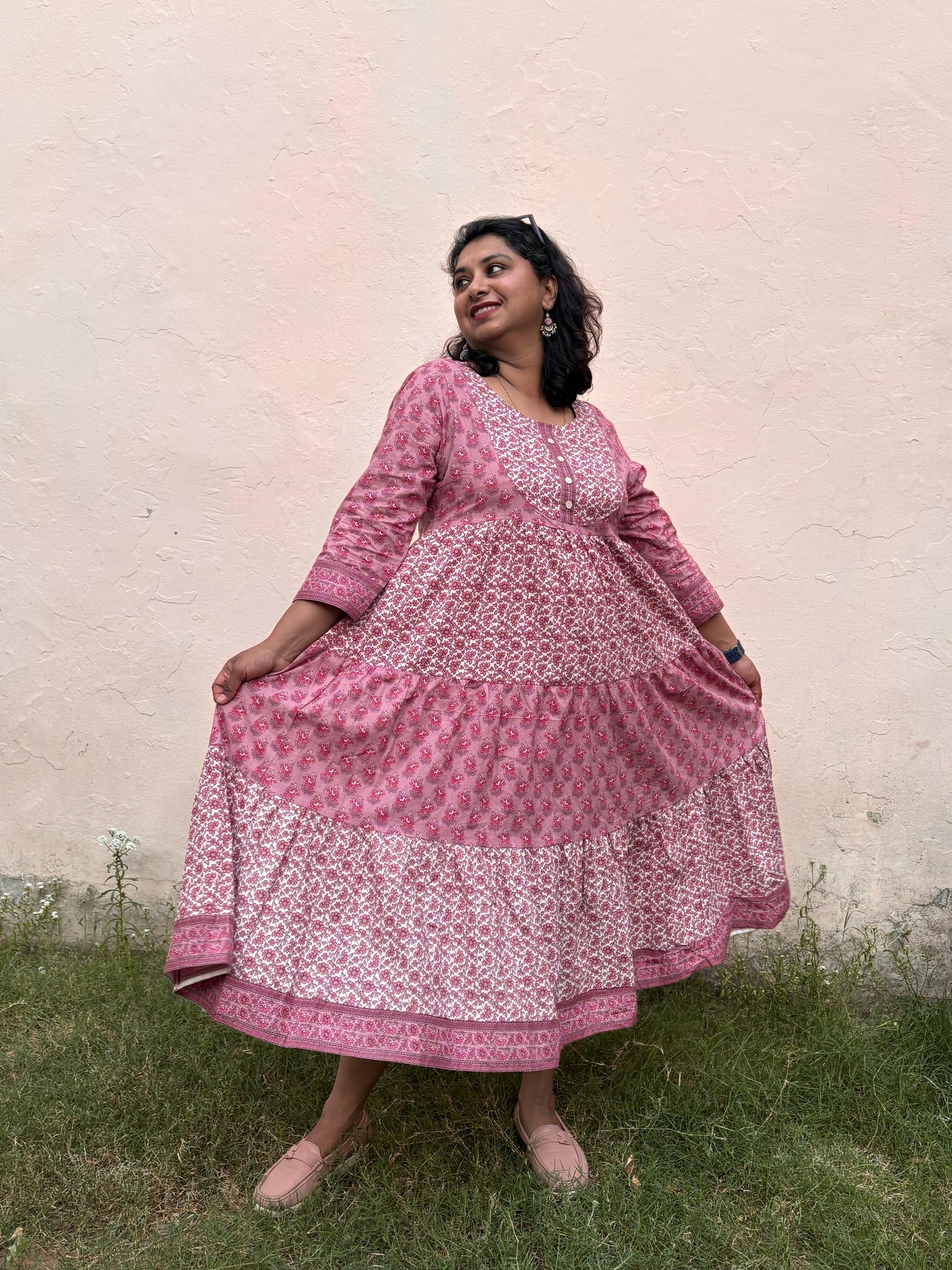 Dark Pink Cotton Floral Printed Flared One Piece For Women