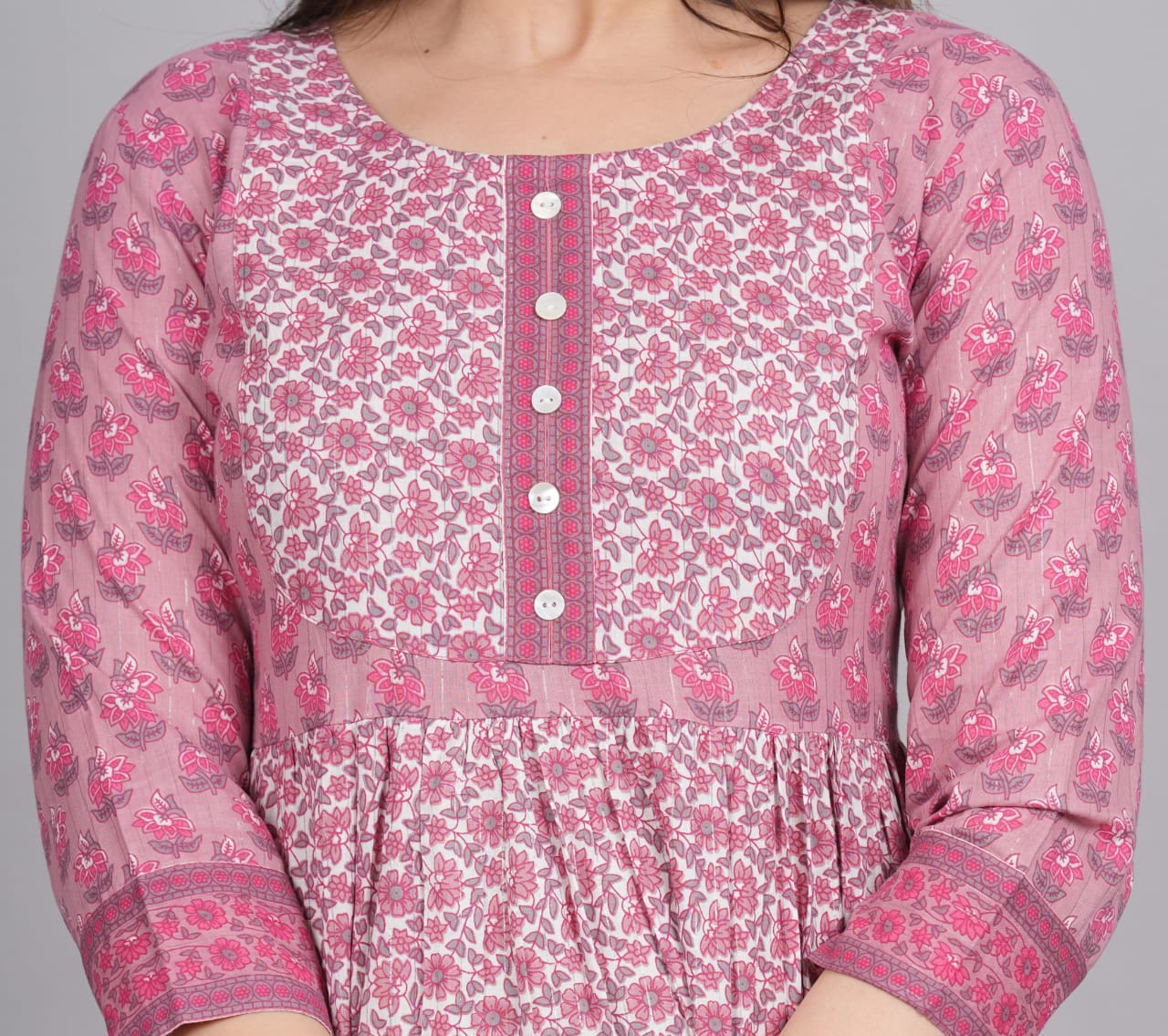 Dark Pink Cotton Floral Printed Flared One Piece For Women