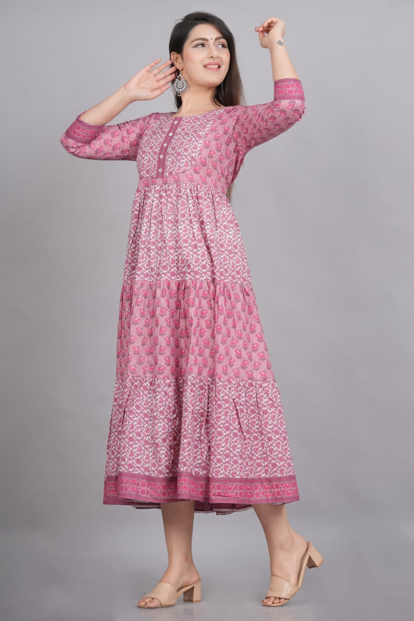 Dark Pink Cotton Floral Printed Flared One Piece For Women