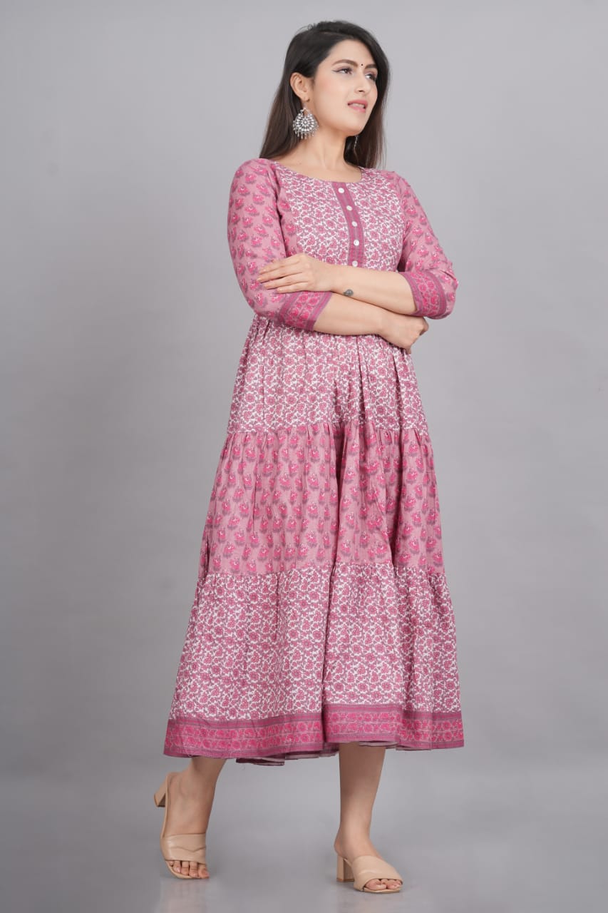 Dark Pink Cotton Floral Printed Flared One Piece For Women