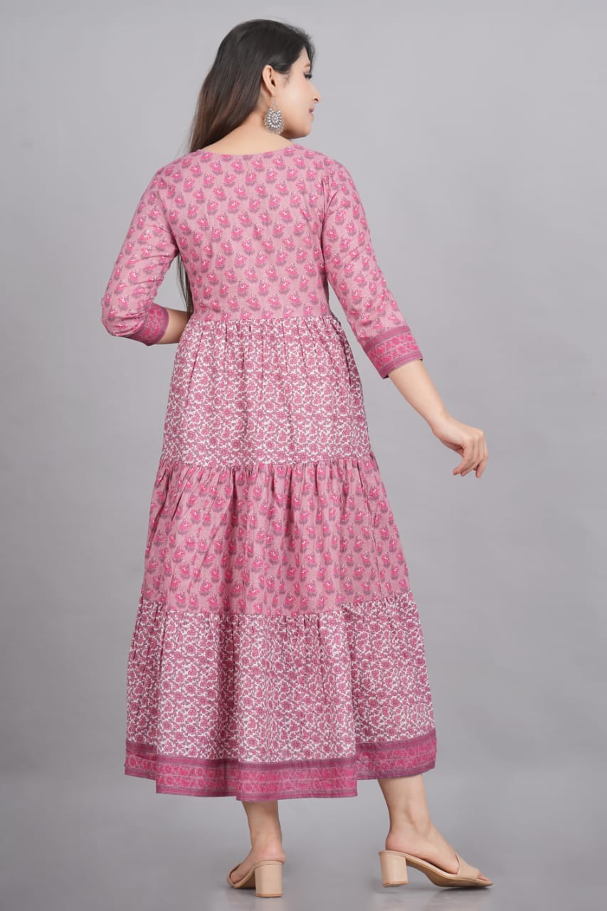 Dark Pink Cotton Floral Printed Flared One Piece For Women
