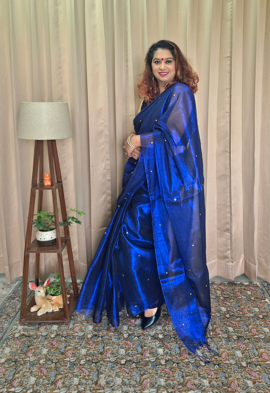 Electric Blue Tissue Sequence Work Saree For Women