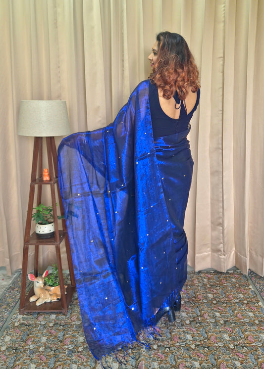 Electric Blue Tissue Sequence Work Saree For Women