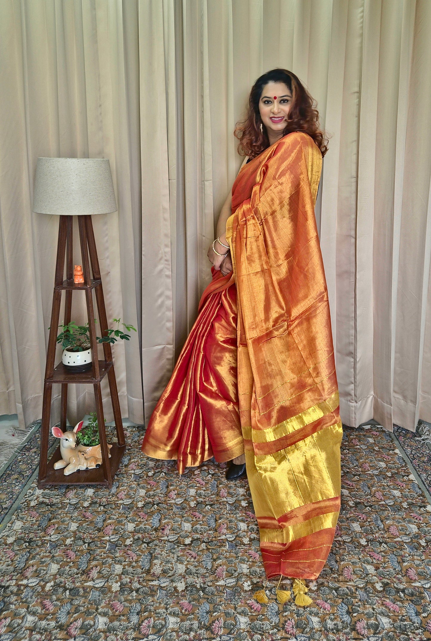 Orange & Golden Tissue Skirt Border Saree For Women