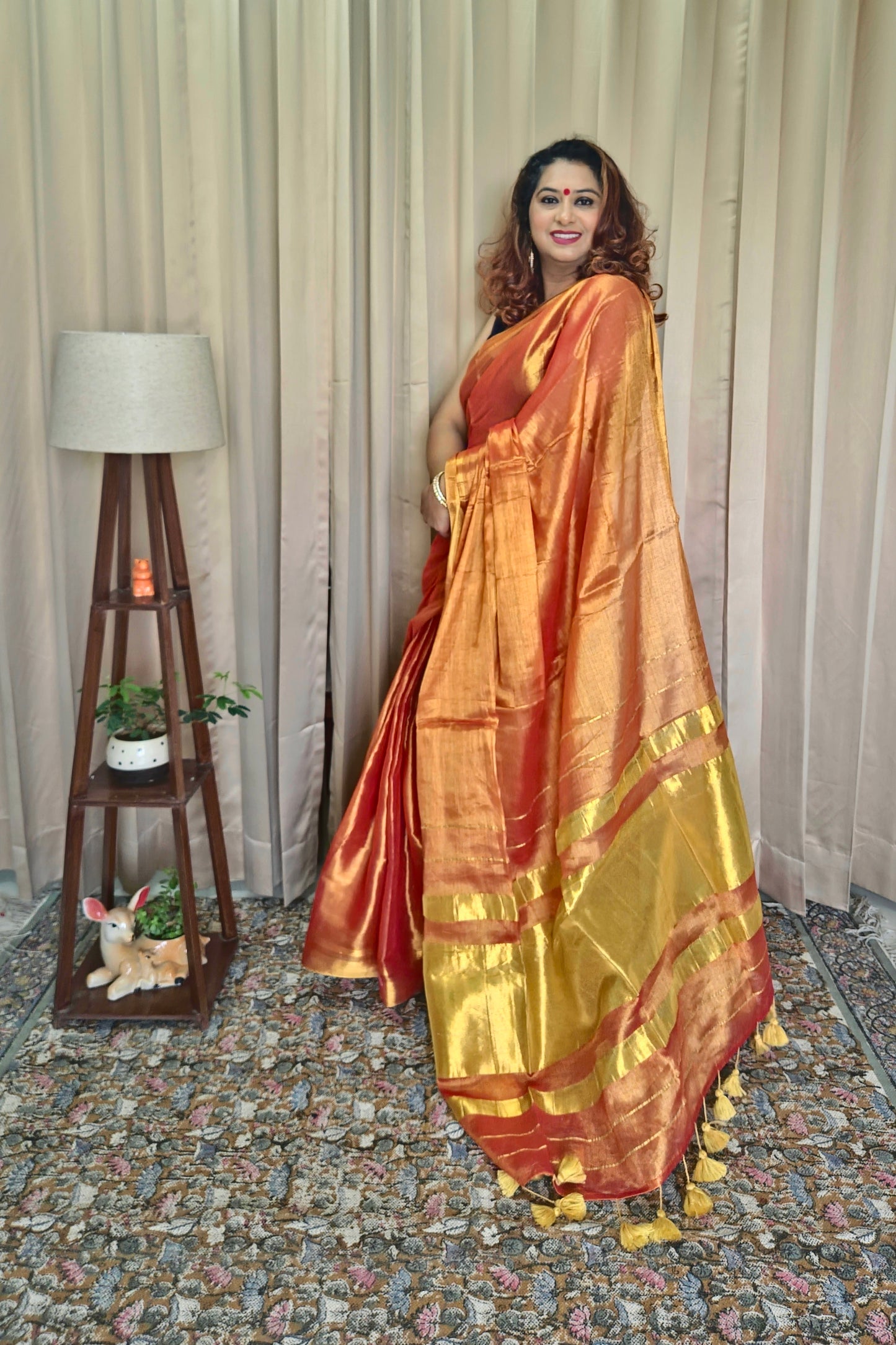 Orange & Golden Tissue Skirt Border Saree For Women