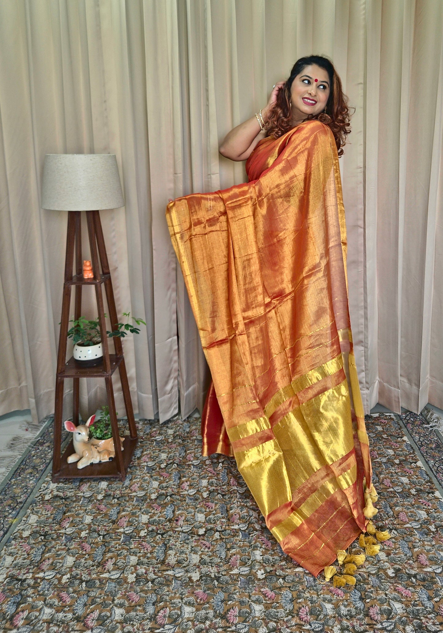 Orange & Golden Tissue Skirt Border Saree For Women