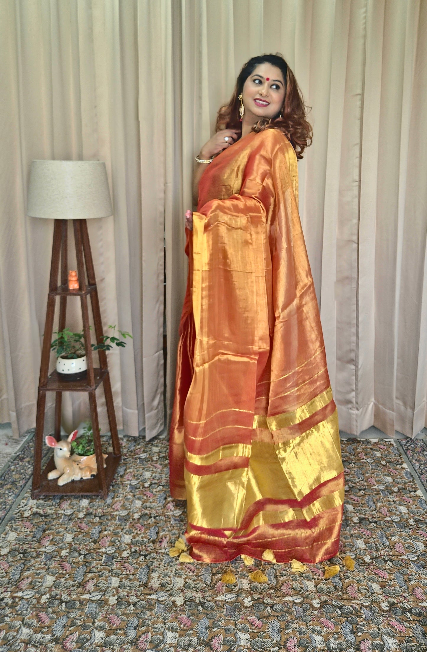 Orange & Golden Tissue Skirt Border Saree For Women