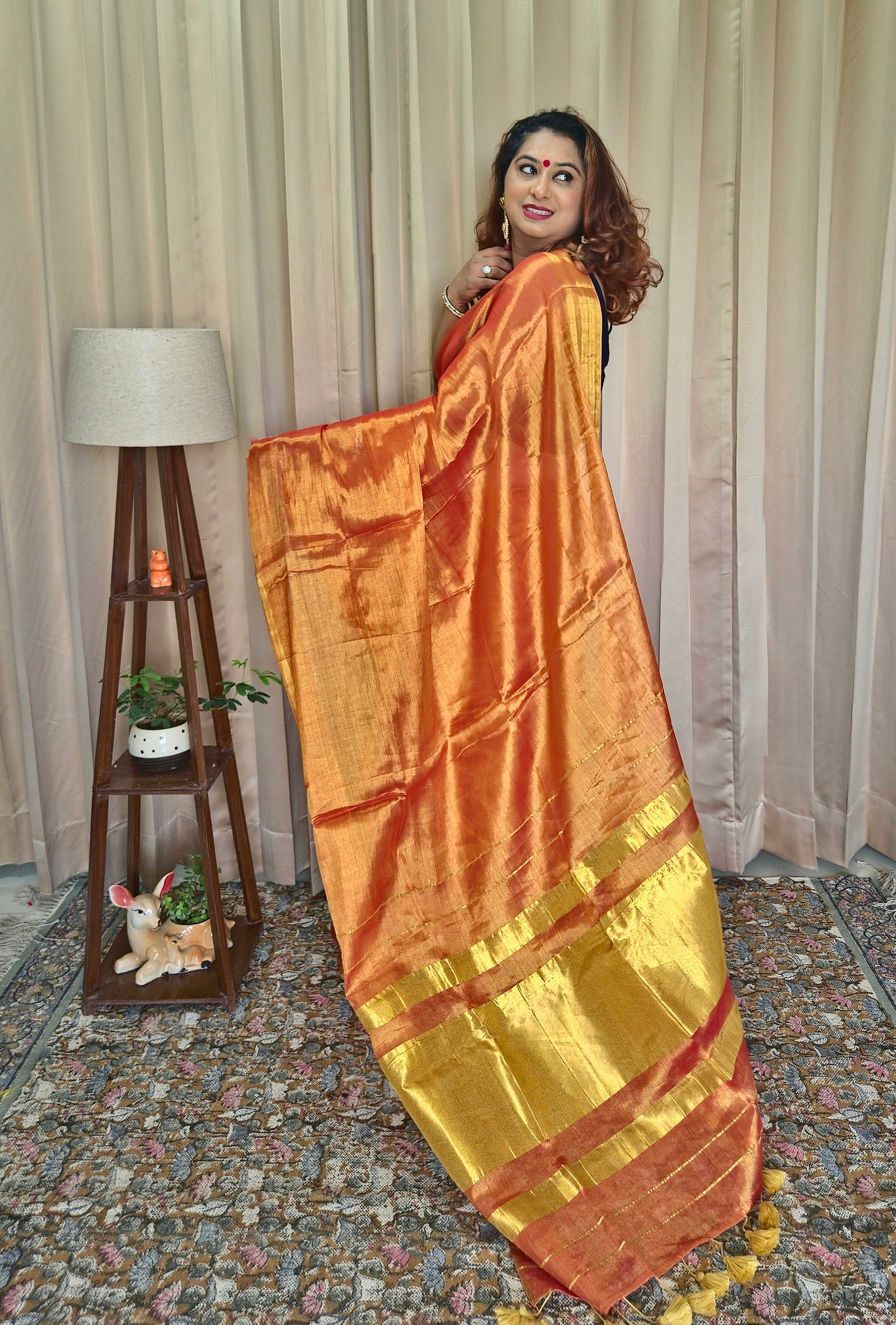 Orange & Golden Tissue Skirt Border Saree For Women