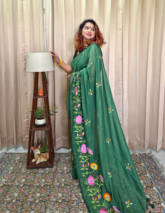 Bottle Green Mul Cotton Embroidery Saree For Women