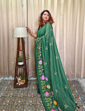 Load image into Gallery viewer, Bottle Green Mul Cotton Embroidery Saree For Women
