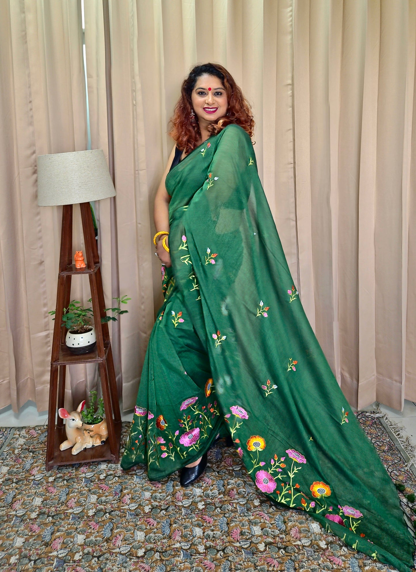 Bottle Green Mul Cotton Embroidery Saree For Women